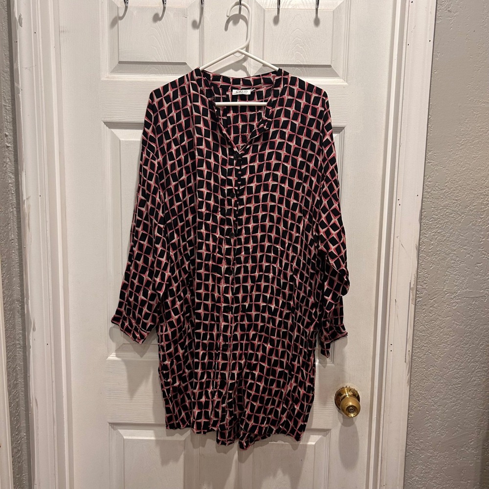 Masai Womens Oversize‎ Tunic Top Pink Black Geometric Button Down 3/4 Sleeve L